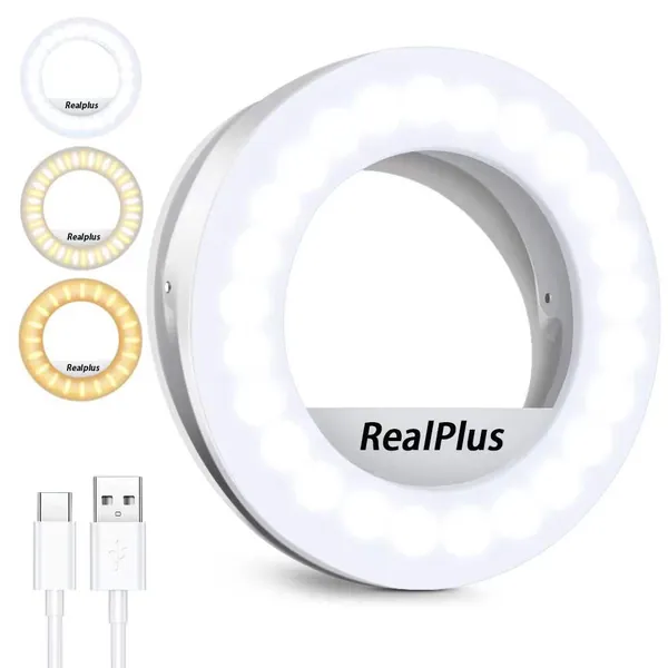 Selfie Ring Light, RealPlus Clip-on Ring Light [Rechargeable] with 40 LEDs and 3 Light Modes, Dimmable Selfie Light for Phone, Tablet, Laptop, Zoom Meeting, Makeup, Video Conference