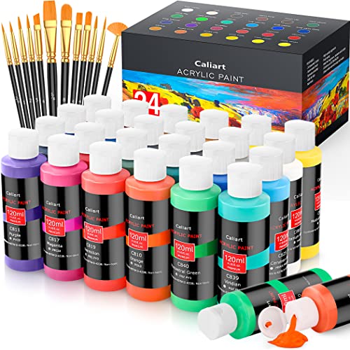 Caliart Acrylic Paint Set With 12 Brushes, 24 Colors (120ml, 4oz) Art Craft Paints for Artists Kids Students Beginners & Painters, Aesthetic Cute Preppy Stuff School Supplies, Canvas Ceramic Wood Rock Painting Art Supplies Kit Mothers Day Gift for Mom - Multicolor 24 x 4oz