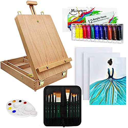 Deluxe Art Supplies 27 Pieces Art Set with Tabletop Easel, 12 Colors Acrylic Paint, 10 Paint Brushes, 3 Canvas Panels, Palettes - Sketchbox Set