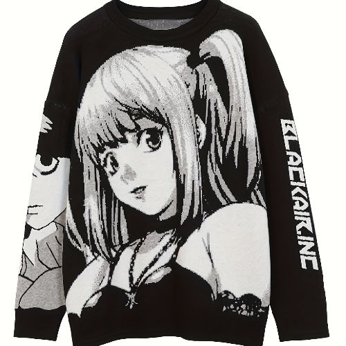 Anime-Pullover Mit Grafik- Und Buchstabendruck, Süßer Langärmliger Pullover Mit Rundhalsausschnitt, Damenbekleidung