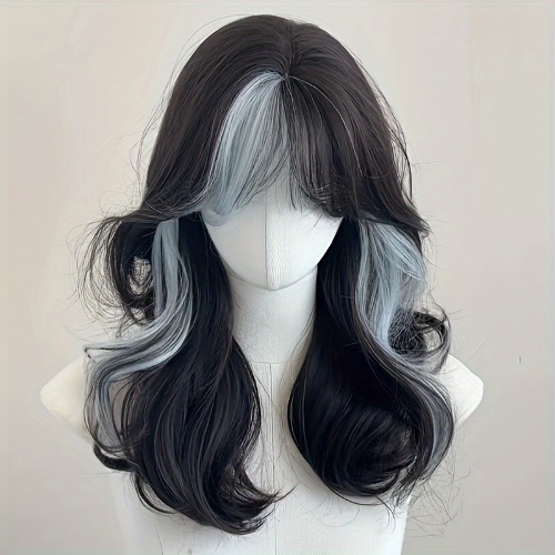 Schicke Ombre Blau &amp; Schwarz Highlight-Perücke mit * - 40.64cm Mittellanges Lockiges Synthetikhaar, Perfekt für Cosplay &amp; Partys