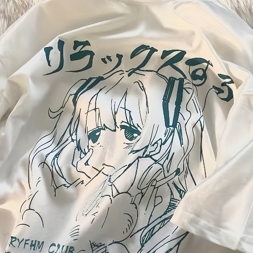 Karikaturfigur Druck Rundhalsausschnitt T-Shirt, Lässiges Kurzarm Übergroßes Oberteil Mit Überschnittenen Schultern Für Sommer &amp; Frühling, Damenbekleidung