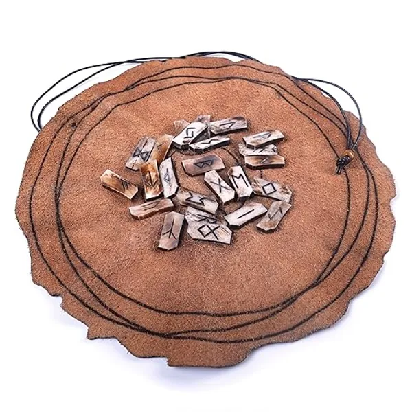 Viking Rune Divination Set with Genuine Bone Elder Futhark Runestone Pieces & Premium Leather Divination Mat