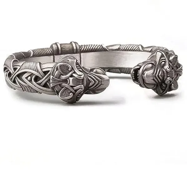 Norse Tradesman Viking Bracelet - Semi-Adjustable Bangle - Original Design | Serpent | Wolf | Iron Antique Snap Clasp - Fenrir Wolf