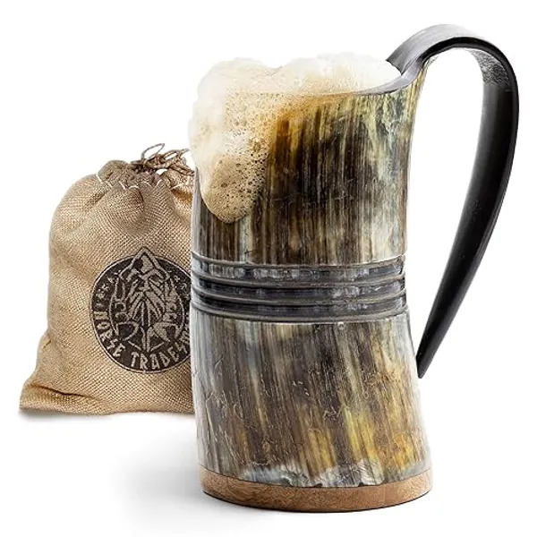 Norse Tradesman LG Viking Drinking Horn Mug - 100% Authentic Beer Horn Tankard With Hardwood Bottom & Ring Engravings | The Eternal, Low Polish, approx. 16 oz - Eternal, Low Polish - 16 oz