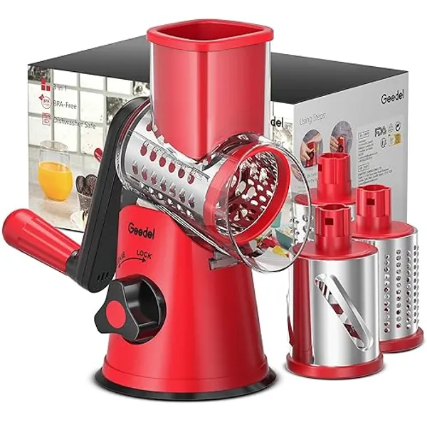 Geedel Rotary Cheese Grater, Kitchen Mandoline Vegetable Slicer with 3 Interchangeable Blades, Easy to Clean Grater for Fruit, Vegetables, Nuts - Red - 3 Blades
