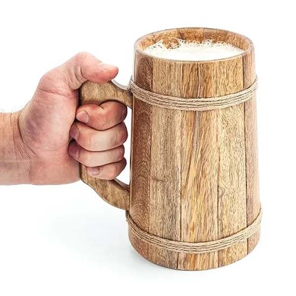 Norse Tradesman LG Wooden Beer Mug - 100% Handcrafted Ale Tankard - Includes Medieval Gift Sack - 16 oz - Tan - 500.0 Milliliters