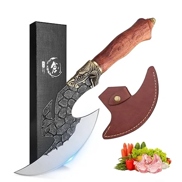 ROCOCO Viking Cleaver Knife Butcher Meat Cutting Boning Knife Hand Forged Chinese Kitchen Axe with Sheath Home Outdoor BBQ Camping Chirstmas Birthday Chirstmas Mother Father Gift Men - 6.2 Inches