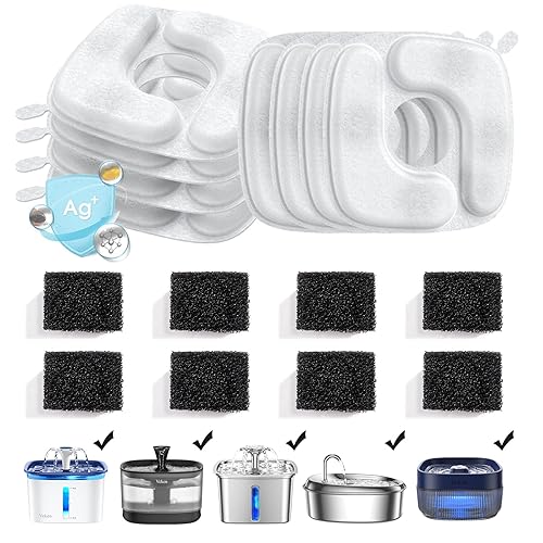 Veken Cat Water Fountain Filters, 8 Pack Replacement Filters & 8 Pack Replacement Pre-Filter Sponges Set for 67oz, 95oz, 135oz Automatic Pet Fountain Dog Water Dispenser - 8 Filters+8 Sponges