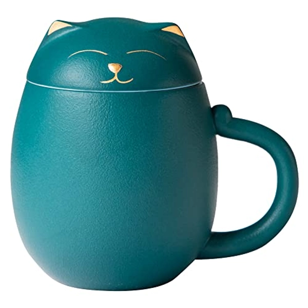 HEER Ceramic Tea Mug with Infuser and Lid, Cute Cat Tea Cup with Filter for Steeping Loose Leaf, Chinese Handmade Porcelain Teacup for Home Office. (Green)