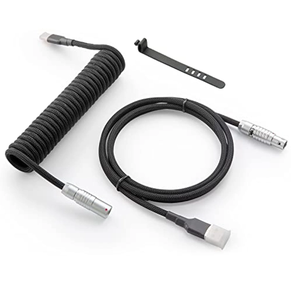 GunMjo Pro Custom Coiled USB C Cable for Gaming Keyboard, Double-Sleeved Mechanical Keyboard Cable with Slim Type Detachable Metal Aviator, 1.5M USB-C to USB-A, Classic Black Color