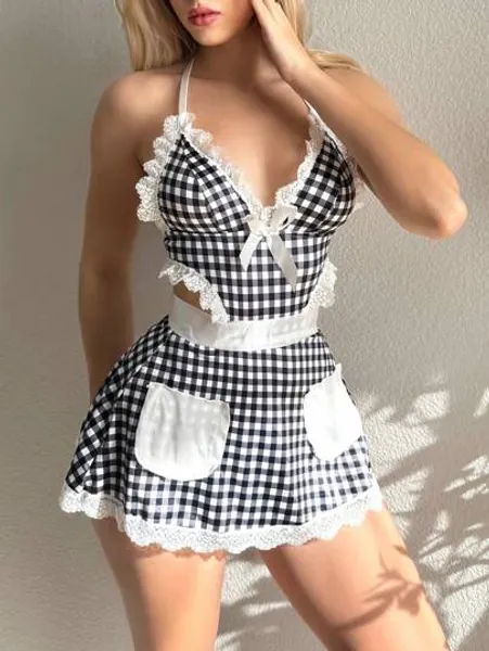 3 st/set Rutigt Spets Rosettknut Dekor Grimma BH:ar & Ficka Rutigt Sexig Rem Sovande Klänningar & String