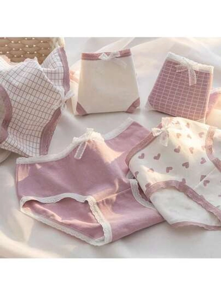 5 st. Söt Rosa Hjärta & Blommigt Mönster Mid-Rise Triangel Trosor