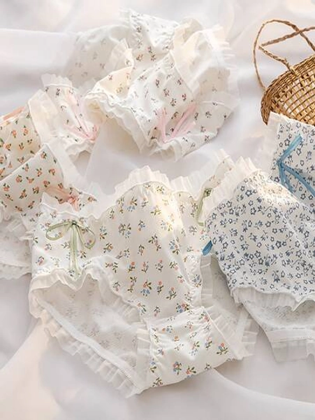 5 st/set Kvinnors Underkläder , Söt Bekväm Blommigt Mönster Mid-Rise Sömlös Trosor , Storleken