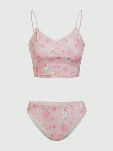 ROMWE Kawaii Kvinnors Tecknad Film Kanin & Jordgubbstryck Lapptäcke Spets Underklädesset