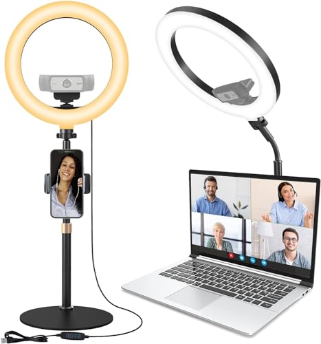 Webcam Ring Light for Computer Video Conference Lighting Kit, 10'' Desktop Ring Light for Zoom Meetings, Ring Light with Stand and Phone Holder, Ring Light for Video Calls/Webcam Light/Live Stream - 10''