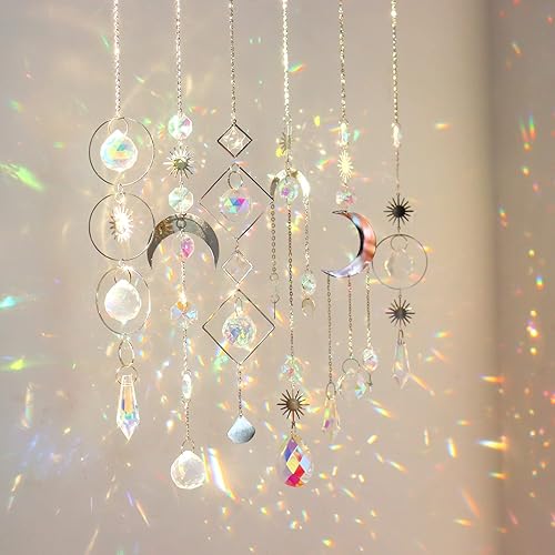 6Pieces Crystal Suncatchers for Window Hanging Sun Catcher with Chain Rainbow Maker Crystal Prisms Decor for Home Garden Party Wedding Ornament Gift Mother Daughter - Silver