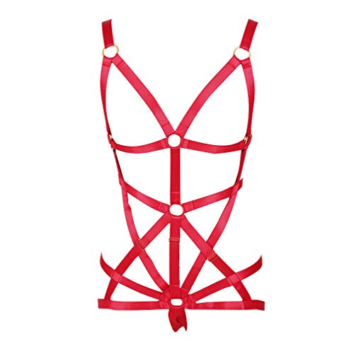MAMOHSS Damen Modernes stilvolles Körpergeschirr Punk Gothic Elastische Käfig Dessous Sets - Einheitsgröße - Rot