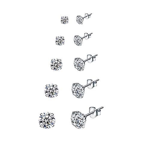 5 Paare 925 Silber Ohrringe Set Stecker Diamant Mädchen Ohrstecker Herren in 3, 4, 5, 6, 7mm für Damen Männer