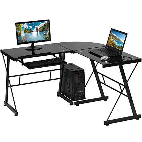 Gaming Computer Desk with Keyboard Tray, L Shaped Computer Desk PC Laptop Racing Writing Study Table Tempered Glass Dual Monitor Wok Station with CPU Stand, Black