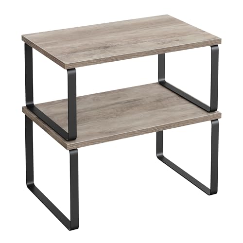 SONGMICS Cabinet Organizer Shelf, Set of 2 Kitchen Counter Shelves, Kitchen Storage, Spice Rack, Stackable, Expandable, Metal and Engineered Wood, Ink Black and Heather Greige UKCS020X02 - 11.7"W - Ink Black + Heather Greige