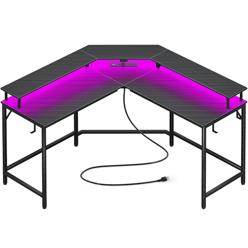 Huuger L Shaped Gaming Desk with Power Outlets & LED Lights, Computer Desk with Monitor Shelves, Carbon Fiber Surface, Home Office Desk, Corner Gaming Desk with Hooks, Carbon Fiber Black，7054TC - Carbon Fiber Black