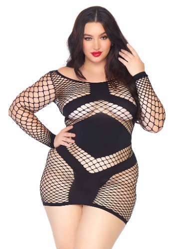 Take Charge Plus Fishnet Dress - Black / Queen Size