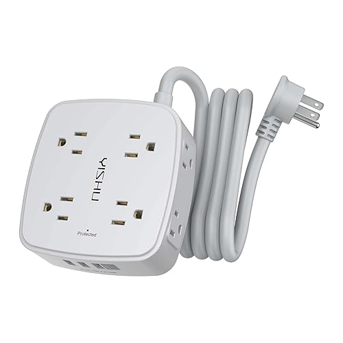 6 Ft Surge Protector Power Strip - 8 Widely Outlets with 4 USB Ports, 3 Side Outlet Extender with 6 Feet Extension Cord, Flat Plug, Wall Mount, Desk USB Charging Station, ETL, Grey - 6 Ft - Grey