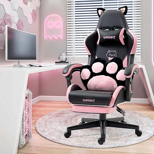 Vigosit Cute Gaming Chair with Cat Paw Lumbar Cushion and Cat Ears, Ergonomic Computer Chair with Footrest, Reclining PC Game Chair for Girl, Teen, Black Pink - Cat Black