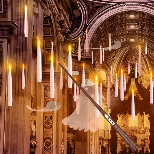 Floating Candles with Wand, Halloween Decoration 20 PCs Magic Hanging Candles, Flickering Warm Light Flameless Floating LED Candle with Wand Remote, Battery Operated Taper Candle Set for Theme Party - Warm White Hanging Candles⭐⭐⭐⭐⭐