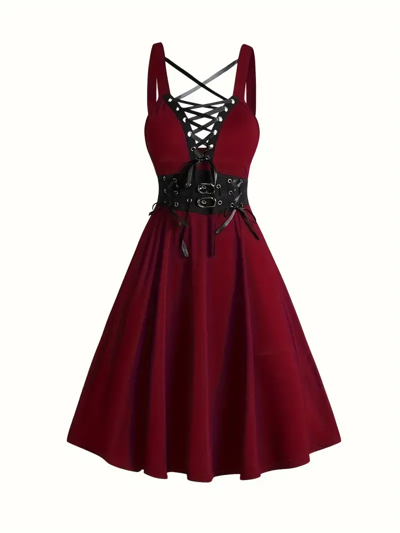 Corset Flared Crisscross Strap Dress, Punk Sleeveless Dress For Spring & Summer, Women's Clothing