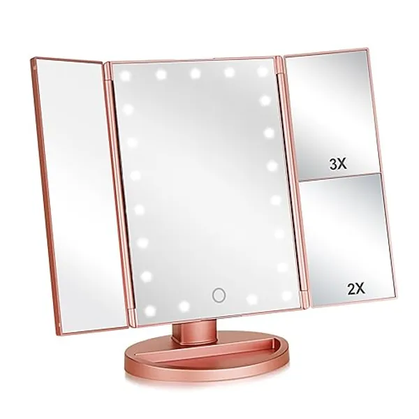 Flymiro Tri-fold Lighted Vanity Makeup Mirror with 3x/2x Magnification,21 LEDs Light and Touch Screen,180 Degree Free Rotation Countertop Cosmetic Mirror,Travel (Rose Gold) - Rose Gold