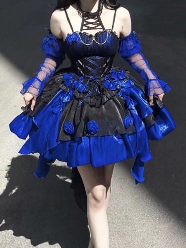 [$68.50]Black and Dark Blue Rosette Jumper Skirt Halter Neckline Puffy Skirt Princess Dress