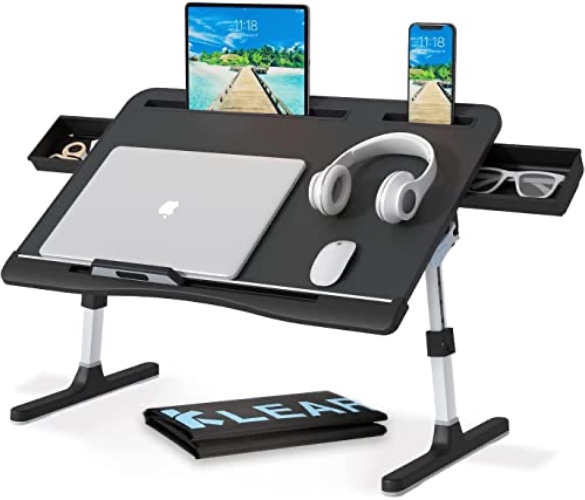 Laptop Desk for Bed, Lap Desks Trays with Double Storage Drawers, Adjustable Premium Leather Laptop Stand with Extra Drawstring Bag, Foldable Lap Table for Eating, Working, Writing and Drawing - Black - X-Large (15.7"*23.6"-Bag)