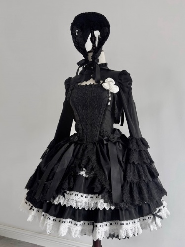 [$57.25]Black and White Lace Trimming Gothic Lolita Skirt