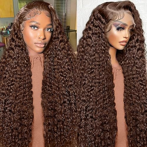 Chocolate Brown Lace Front Wigs Human Hair 13x6 HD Deep Wave 200 Density Deep Curly Lace Frontal Glueless wigs for black women Pre Plucked with Baby Hair Natural Hairline (Chocolate Brown, 36inch) - 36 Inch - Chocolate Brown