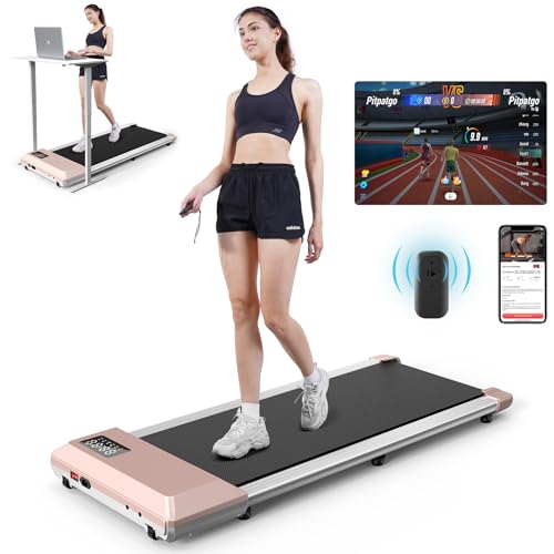 DeerRun Walking Pad, 2024 Upgrade Smart Treadmills for Home, 2.5HP Small Quiet Portable Treadmill, Mini Under Desk Treadmill, APP & Remote Control, Knee-Protective, No-Assembly - Rose Gold