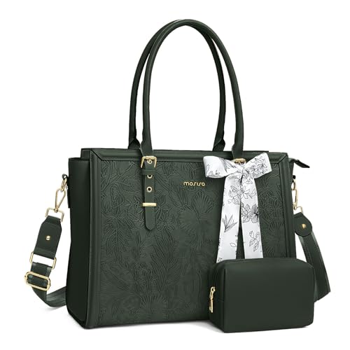 MOSISO Laptop Bag for Women, 15.6-16 inch PU Leather Tote Bag Compatible with MacBook, HP, Dell, Asus Notebook, Front Embossed Retro Hibiscus Computer Bag with Silk Scarf&Clutch Purse, Emerald Green - 16 inch - Emerald Green