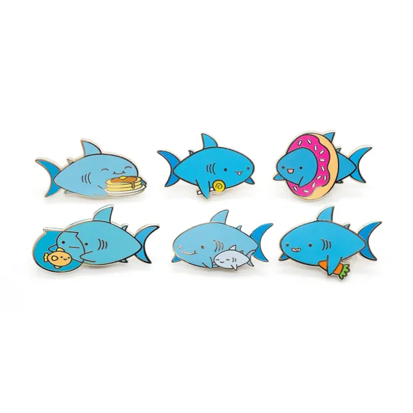 Enamel Pin - Shark Friends - Pancake Shark, Donut Shark, Candy Shark, Baby Shark, Carrot Shark, and Goldfish Shark