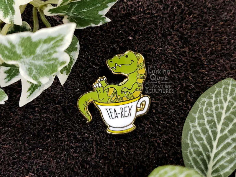 Tea Rex Hard Enamel Pin, Funny Dinosaur Pun Metal Pin