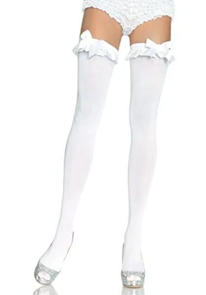 Leg Avenue Women's Opaque Thigh Highs with Satin Ruffle Trim and Bow - White