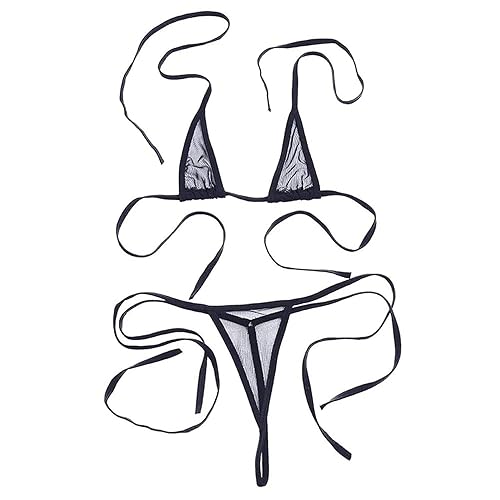 ZTie Women’s Sheer Extreme Swimsuit Bikini Halterneck Top and Tie Sides Micro Bikini Thong Sets - One Size - Black