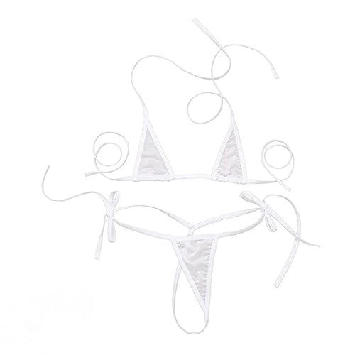 ZTie Women’s Sheer Extreme Swimsuit Bikini Halterneck Top and Tie Sides Micro Bikini Thong Sets - One Size - White