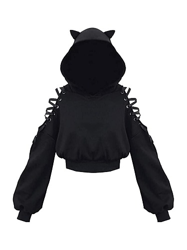 Loalirando Women's Cute Cat Ear Crop Top Oversized Hoodie Off Shoulder Hollow Out Long Sleeve Black Punk Gothic Sweatshirts