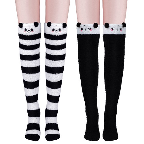 2 Paire Cute Panda Thigh High Socks Striped Knee High Socks Coral Fleece Fluffy Socks Womens Animal Thermal Warm Soft over the Knee Socks for Winter Women's and Girl's