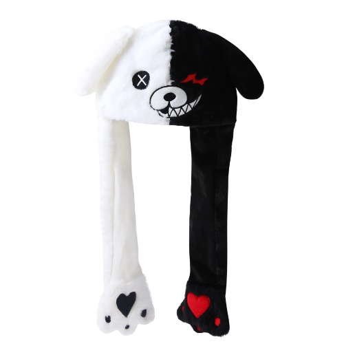 dressfan Anime Monokuma Bear Hat Moving Ears,Plush Animal Black White Bear Ears Hat Jumping Cap Funny Cosplay Birthday Christmas Easter Gifts Novelty Women Girl Boy