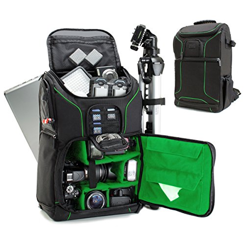 USA Gear DSLR Camera Backpack Case - 15.6 inch Laptop Compartment, Padded Custom Dividers, Tripod Holder, Rain Cover, Long-Lasting Durability and Storage Pockets - Compatible with Many DSLRs (Green) - Black and Green