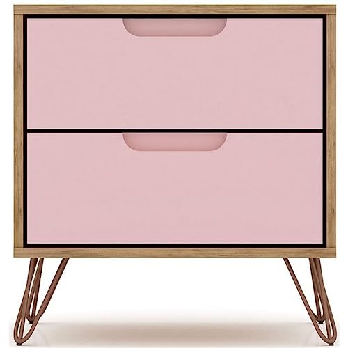 Manhattan Comfort Rockefeller Mid-Century Modern 2 Drawer Bedroom Nightstand, 20.08", Nature/Rose Pink - Nature/Rose Pink