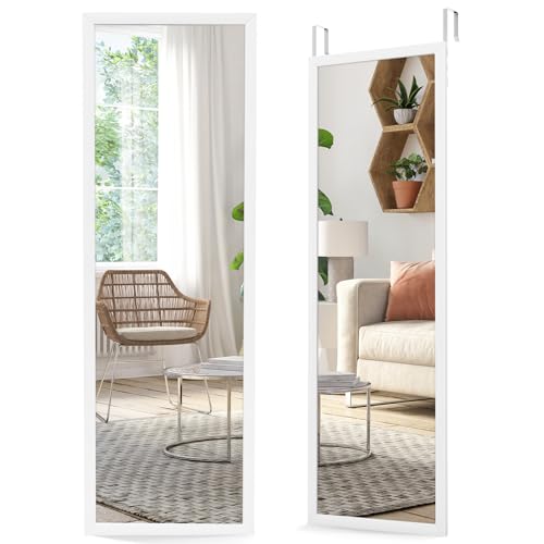 Tangkula Full Length Door Mirror Wall Mirror, 42”x14” Over The Door Mirror with 2 Sets of Height Adjusting Hanging Hooks, Rectangle Hanging Wall Mounted Mirror for Home Office Dorm - 119.5cm x 33cm - White