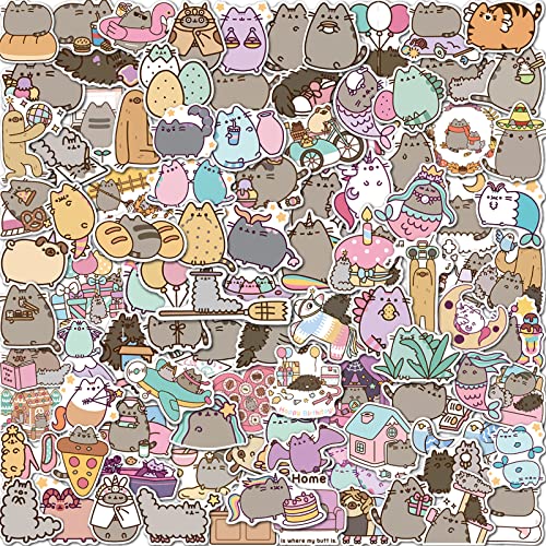 Pusheen Stickers, 100pcs Cute Fat Cat Stickers for Water Bottle, Scrapbook, Guitar, Vinyl Waterproof Aesthetic Funny Animal kitty Decals pack, Cat Gifts Merchandise Stuff for Kids Adults Teen